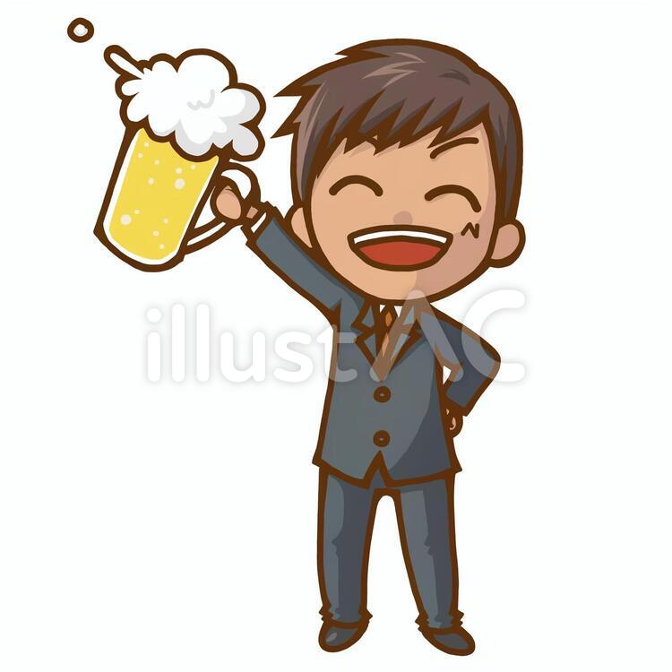 ビールを持って乾杯するスーツ姿の男性のイラスト