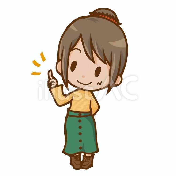 指を差してポイントを案内する、まとめ髪の女性のちびキャライラスト