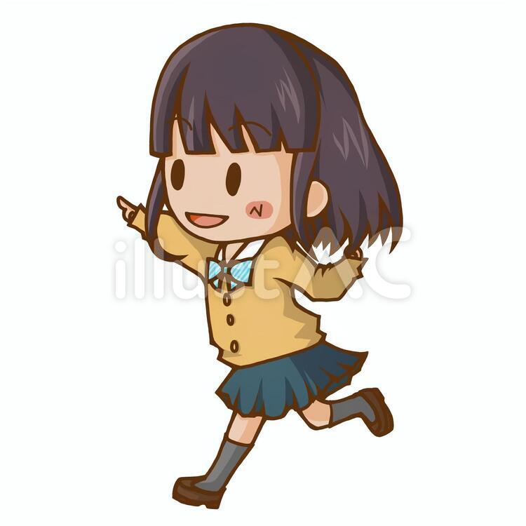 指を差して元気に走る制服姿の女子学生のイラスト