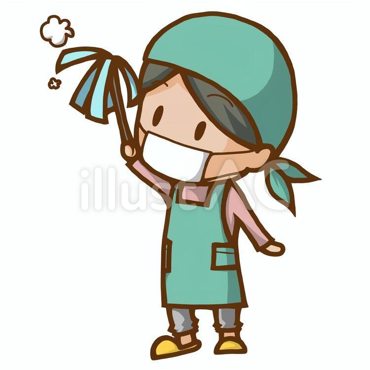 エプロンとはたきを持って掃除をしている女性のイラスト