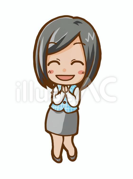 笑顔で手を合わせる事務服の女性スタッフのイラスト