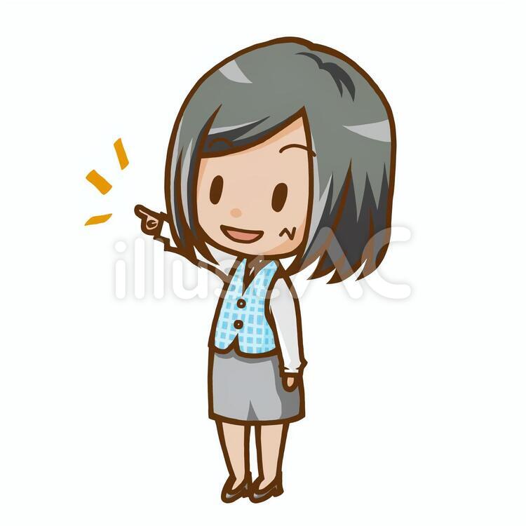 ポイントを指差して案内する、事務服を着た女性（OL）のちびキャライラスト