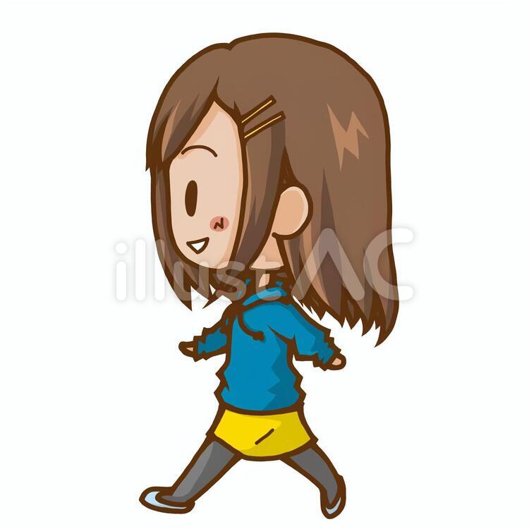 パーカー姿で軽快に歩く女の子のイラスト
