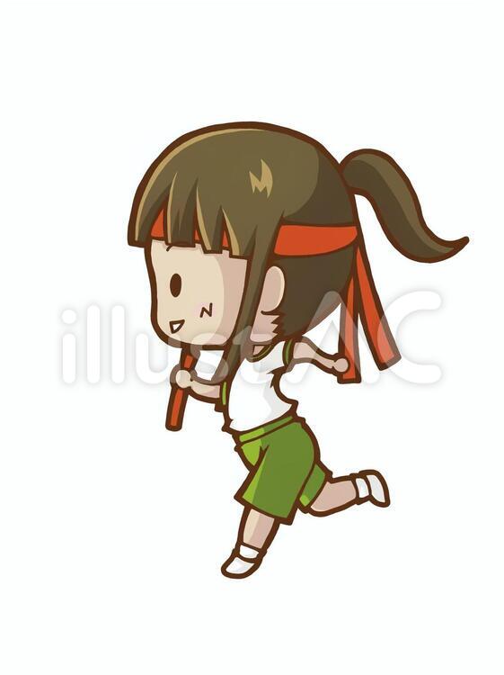 運動会のリレーでバトンを持って走る女の子のイラスト