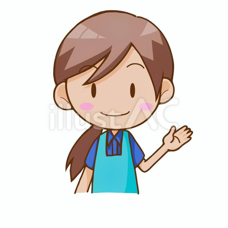 笑顔で手を振って挨拶をする、青いエプロンを着た女性スタッフの上半身ちびキャライラスト