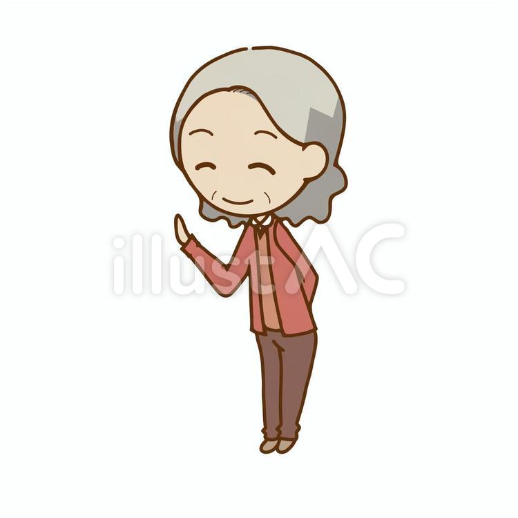 笑顔で優しく挨拶をする、上品なシニア女性（おばあちゃん）のちびキャライラスト