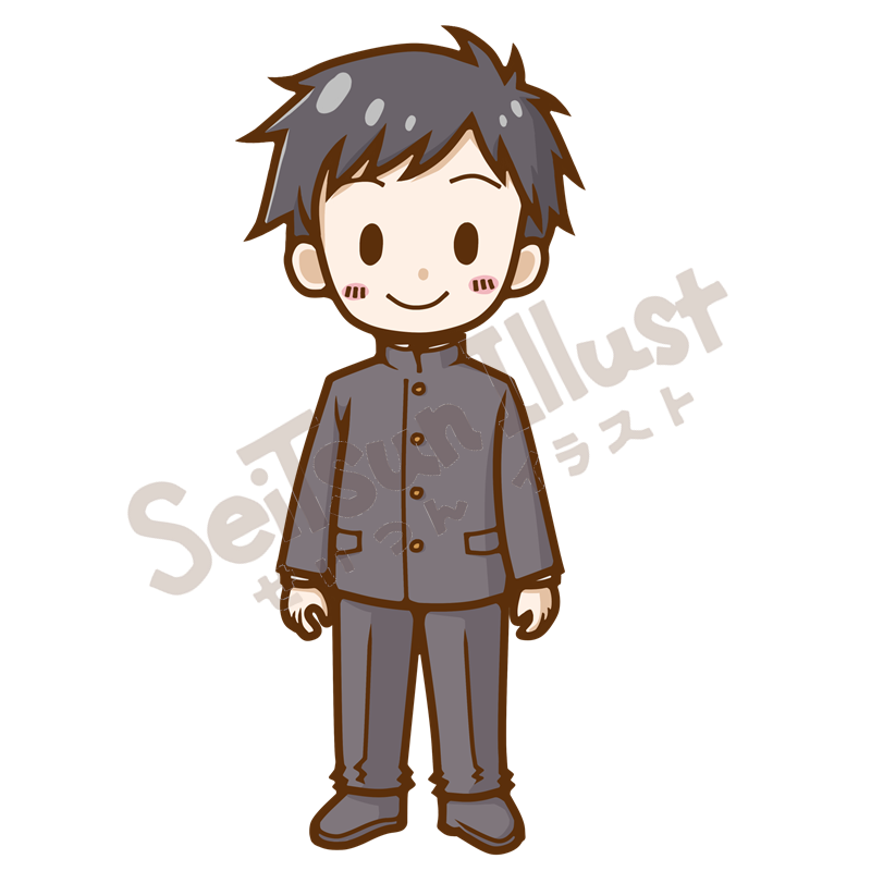学ラン制服を着て笑顔で立つ男子学生のイラスト