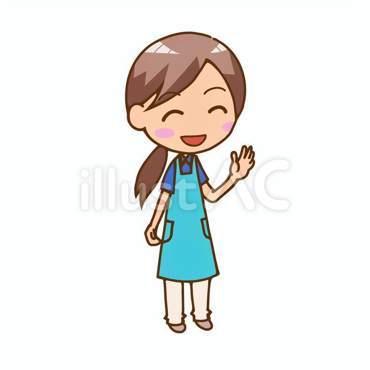 笑顔で手を振って挨拶する、青いエプロンを着た女性スタッフのちびキャライラスト