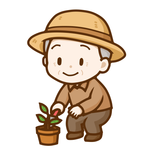 麦わら帽子をかぶり、スコップで鉢植えの土いじりをしている笑顔のおじいさんのイラスト