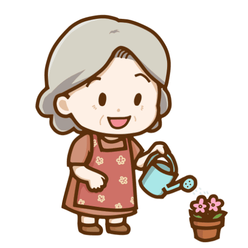 花柄のエプロンを着て、青いジョウロで鉢植えの花に水やりをしている笑顔のおばあさんのイラスト
