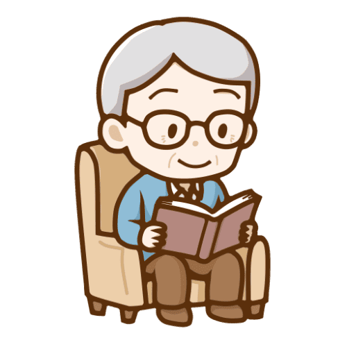眼鏡をかけて椅子に座り、本を広げている高齢男性のイラスト