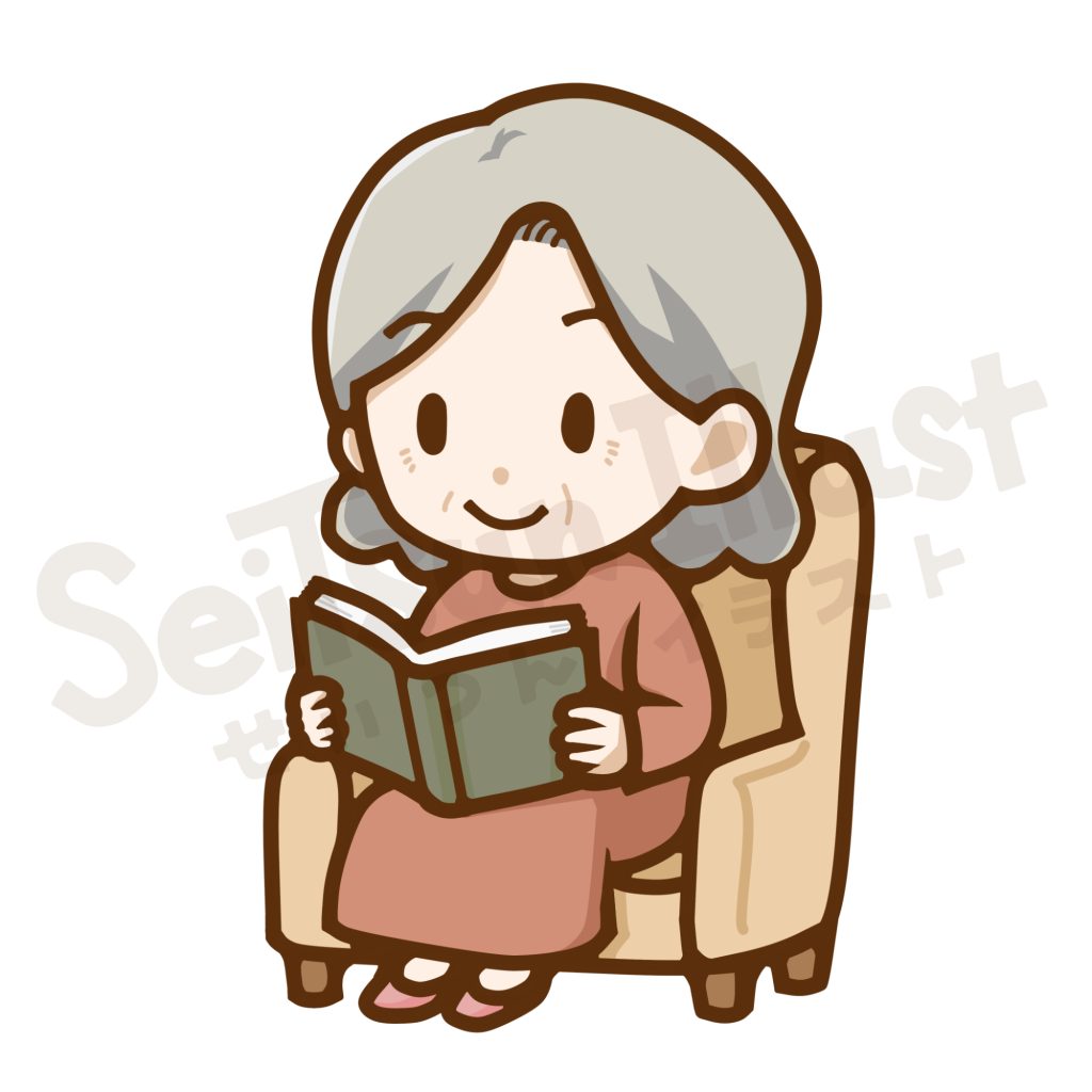 椅子に座って本を読むシニア女性のイラスト