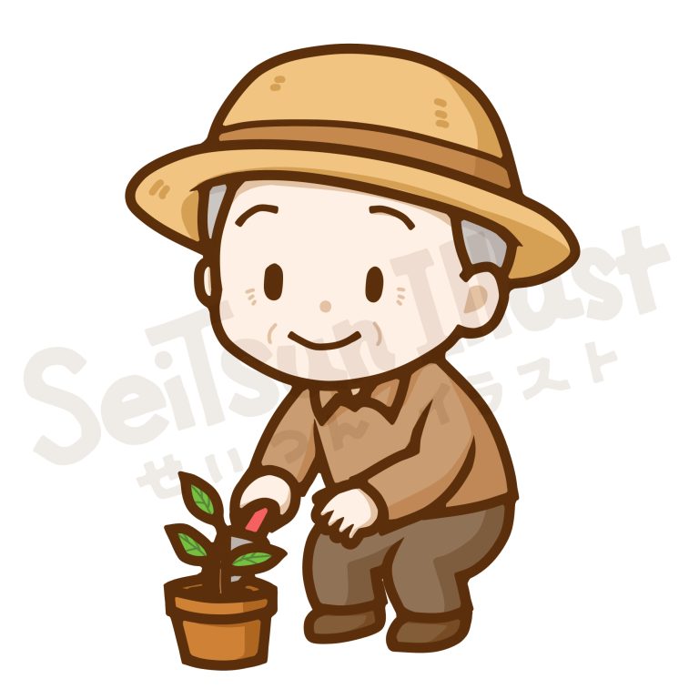 園芸を楽しむシニア男性のイラスト｜植木の手入れをするおじいさん