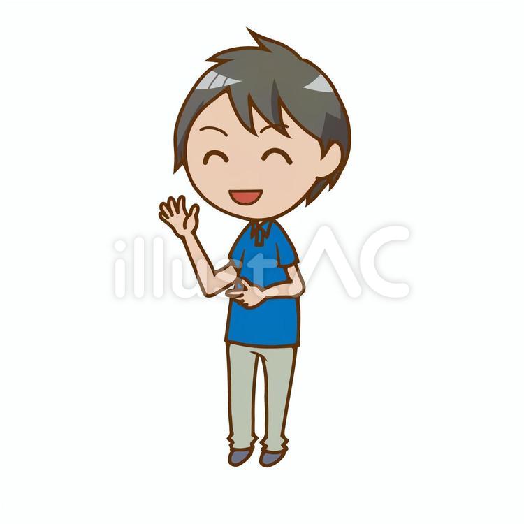 笑顔で手を振って挨拶する、青いポロシャツを着た男性スタッフのちびキャライラスト