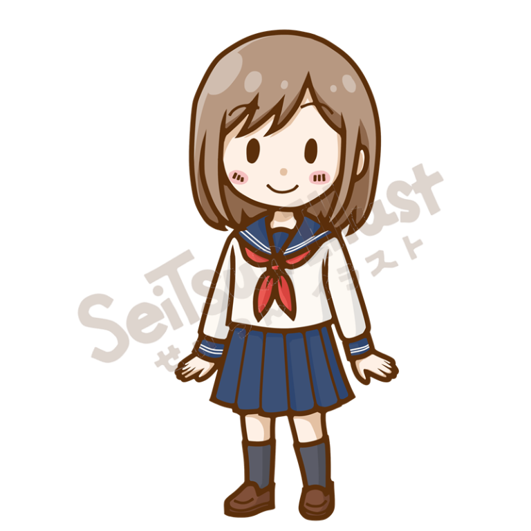 セーラー服を着て笑顔で立つ女子学生のイラスト