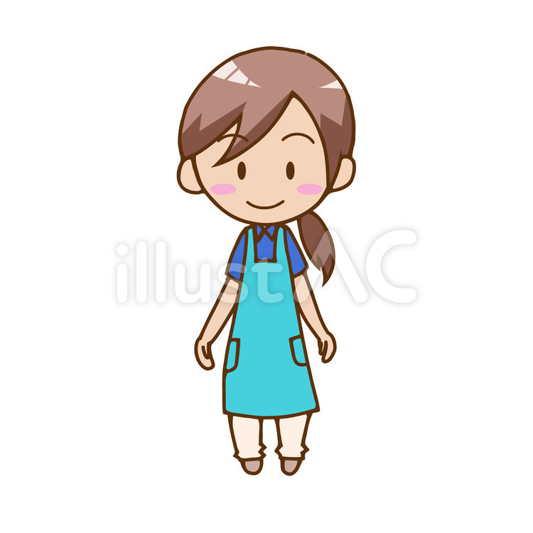 笑顔でまっすぐ立っている、青いエプロンを着た女性スタッフのちびキャライラスト