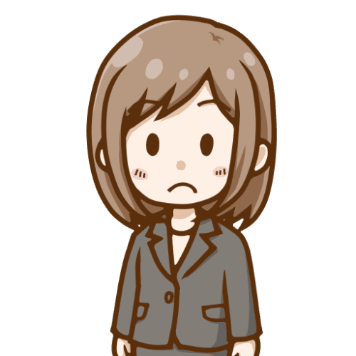 眉を八の字に下げて悲しそうな表情のスーツ姿のビジネスウーマンのイラスト