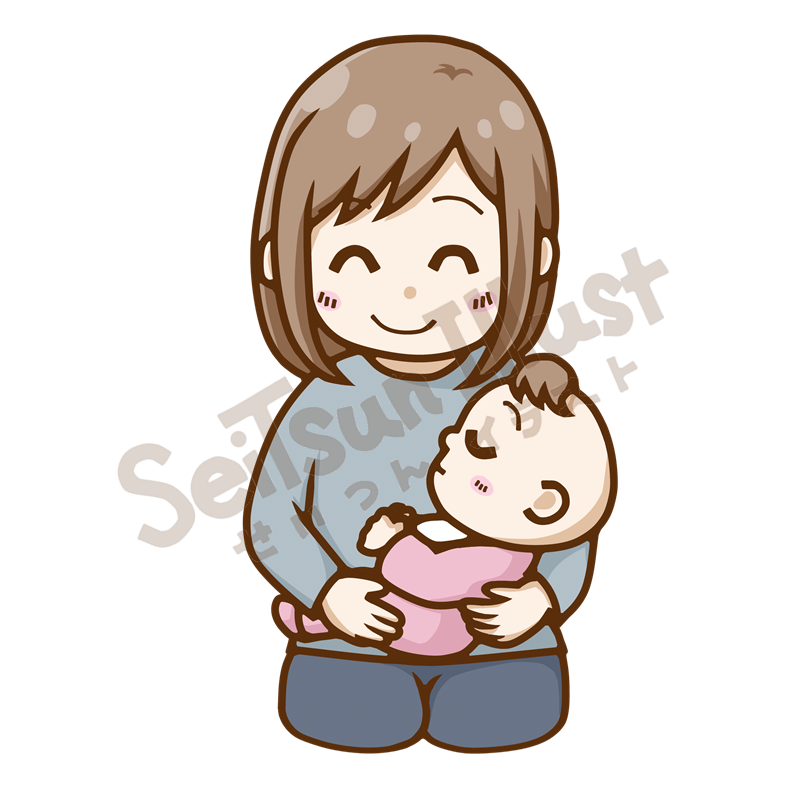 赤ちゃんを抱っこしながら笑顔で見守るお母さんのイラスト