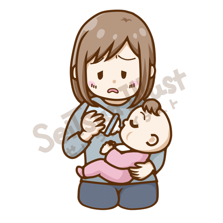 赤ちゃんに哺乳瓶で授乳しながら疲れた表情をするお母さんのイラスト