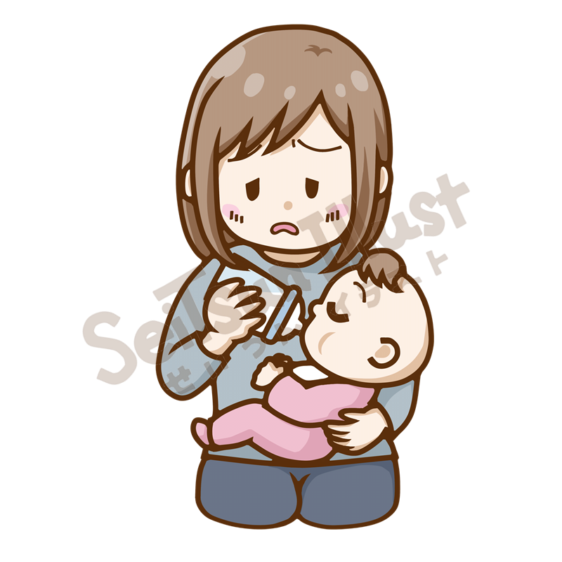 赤ちゃんに哺乳瓶で授乳しながら疲れた表情をするお母さんのイラスト