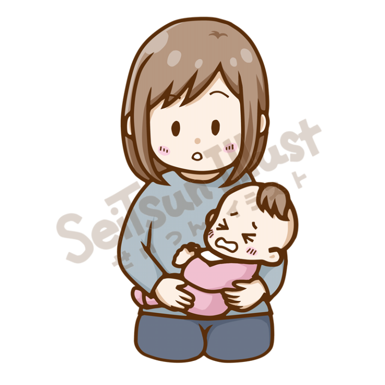 泣く赤ちゃんを抱きながら驚いた表情をするお母さんのイラスト