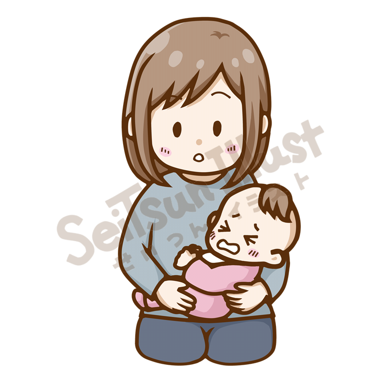 泣く赤ちゃんを抱きながら驚いた表情をするお母さんのイラスト