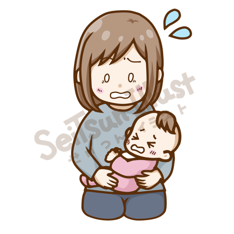 泣く赤ちゃんを抱きながら慌てるお母さんのイラスト