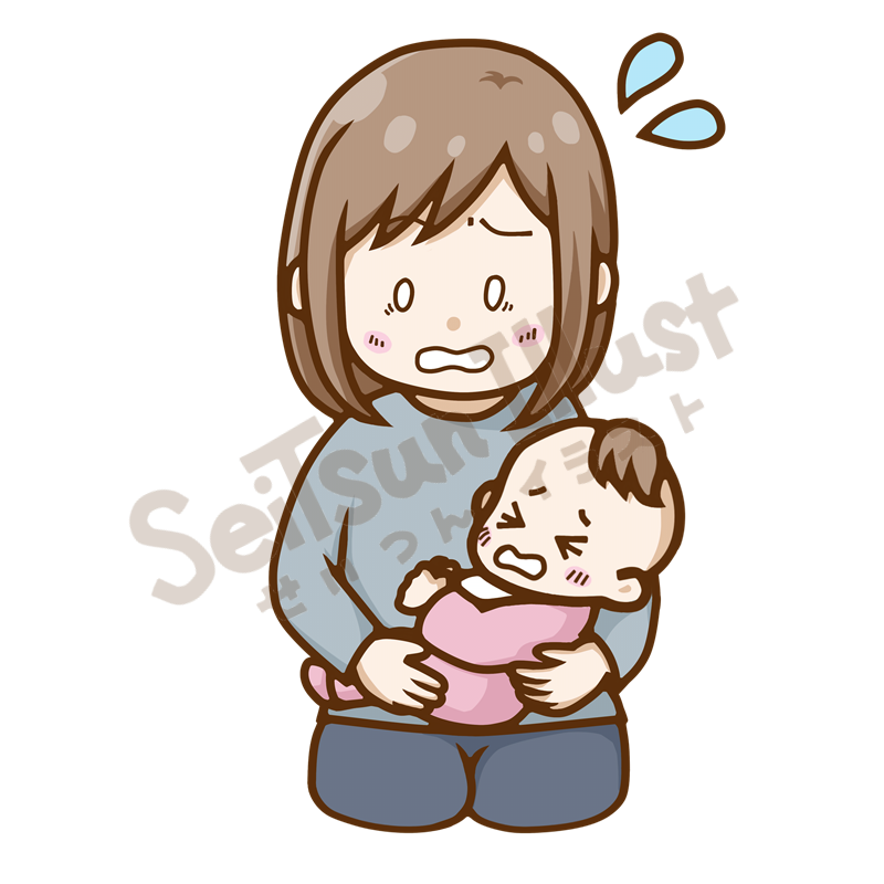 泣く赤ちゃんを抱きながら慌てるお母さんのイラスト