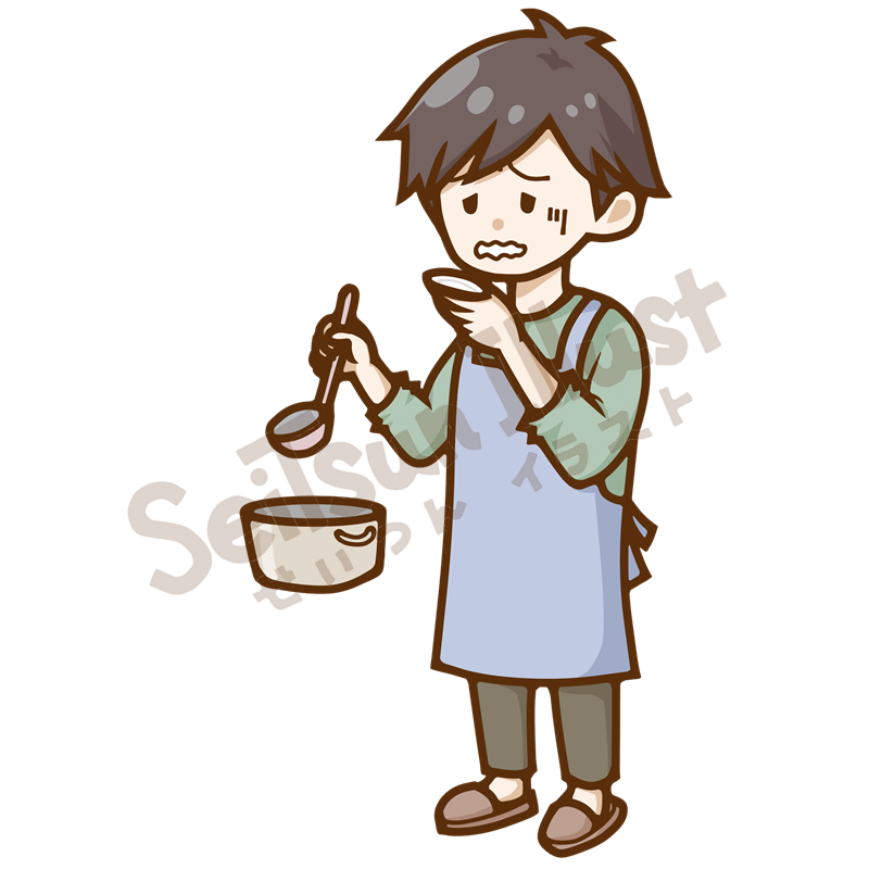 鍋の料理を味見して困った表情をするエプロン姿の男性のイラスト