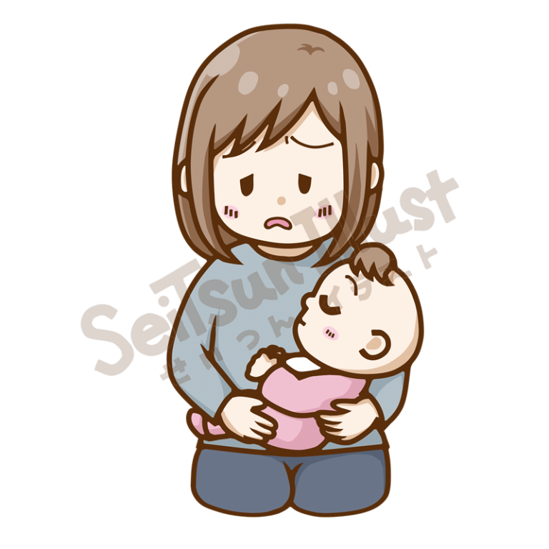 赤ちゃんを抱っこしながら疲れた表情をするお母さんのイラスト