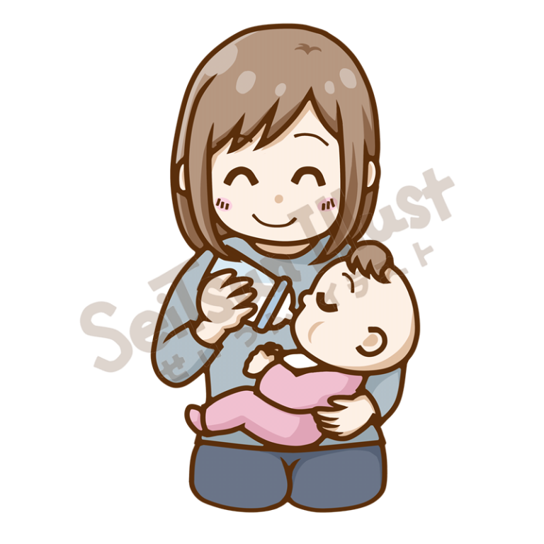 赤ちゃんに哺乳瓶で授乳しながら笑顔で見守るお母さんのイラスト