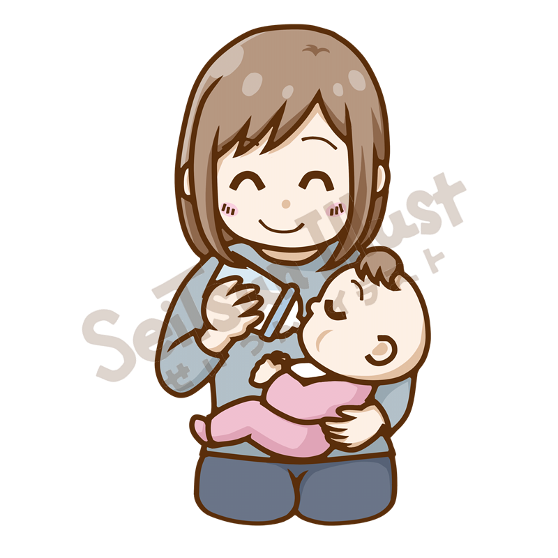 赤ちゃんに哺乳瓶で授乳しながら笑顔で見守るお母さんのイラスト
