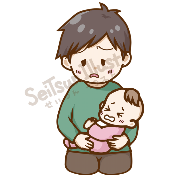 泣く赤ちゃんを抱っこして疲れた表情をするお父さん
