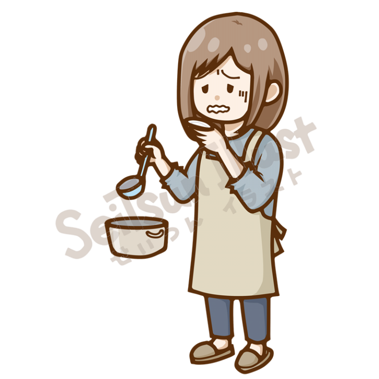 料理を味見して困った表情をするエプロン姿の女性のイラスト
