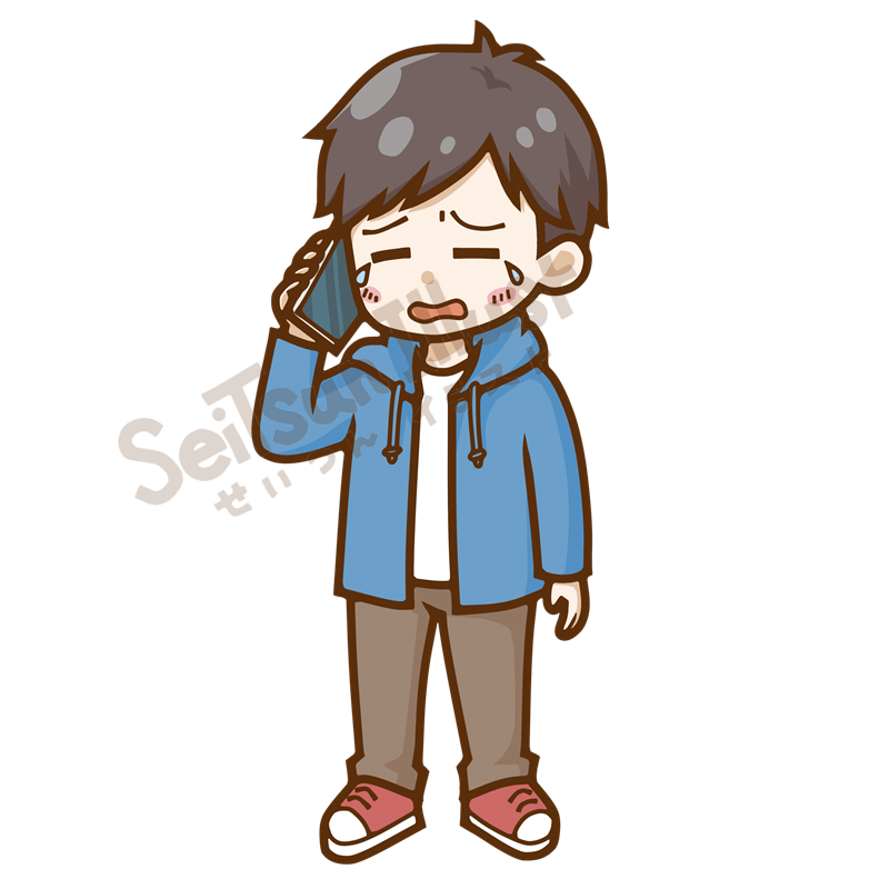 スマートフォンで通話しながら涙を流して泣く男性