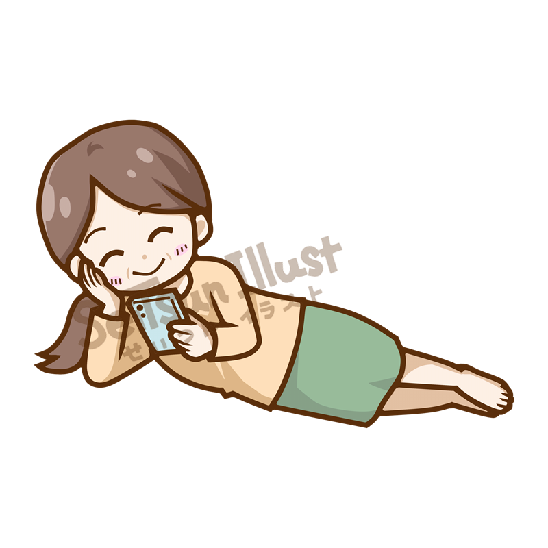 スマホを見ながら寝転がって笑う中年女性のイラスト