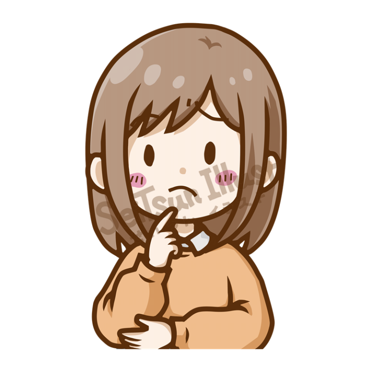 困った顔で考える女の子のイラスト